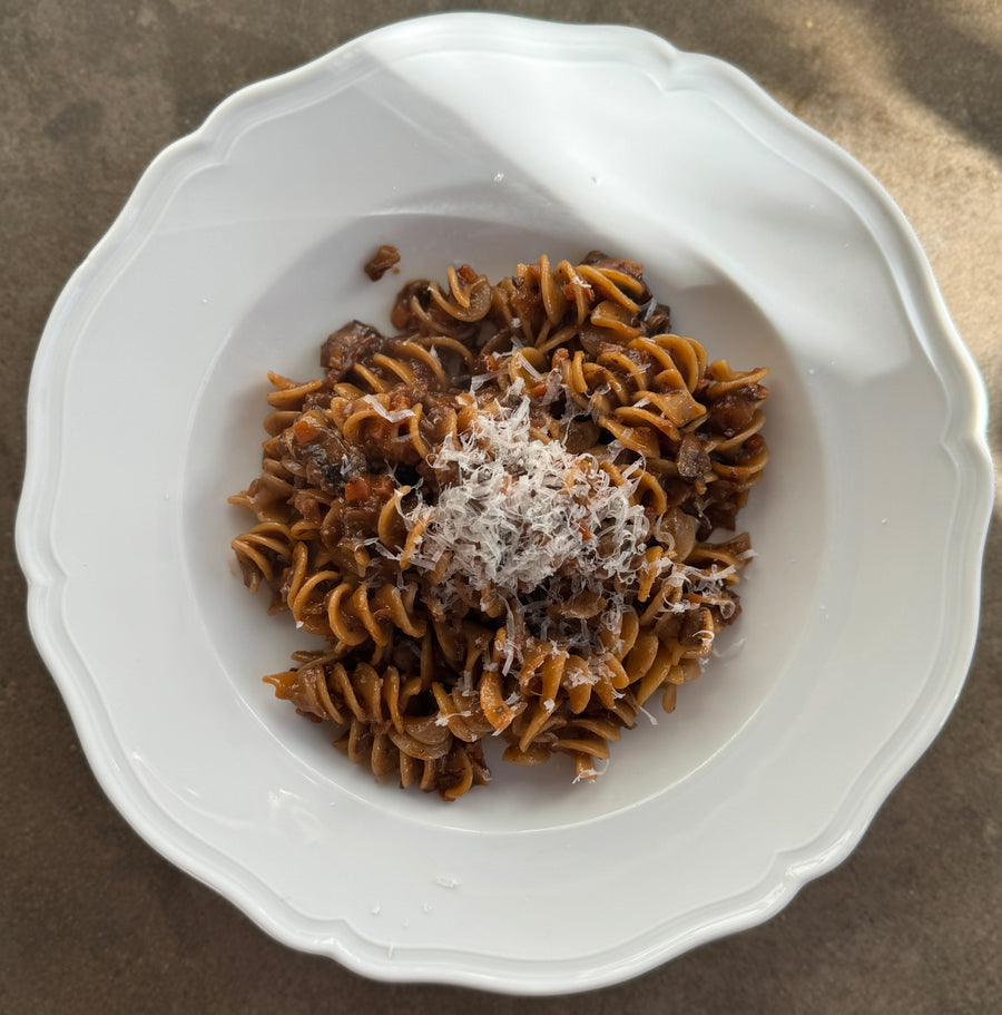 einkorn fusilli porcini ragu